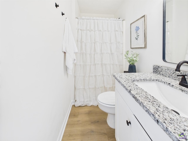 3081 Tiffin Cir, Macon, GA 31204 - bathroom with vanity, toilet, wood finished floors, baseboards, and a shower with shower curtain