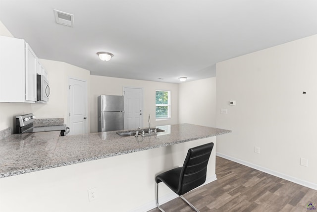 630 Ivy Brook Way, Macon, GA 31210 - kitchen featuring appliances with stainless steel finishes, a sink, a peninsula, dark wood-style flooring, and white cabinets