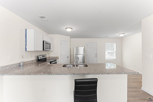 630 Ivy Brook Way, Macon, GA 31210 - kitchen featuring stainless steel appliances, a sink, a peninsula, light wood finished floors, and white cabinets
