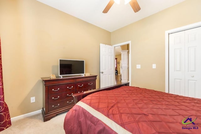 201 Loudon Hill Dr, Warner Robins, GA 31088 - bedroom featuring light carpet, a closet, ceiling fan, and baseboards