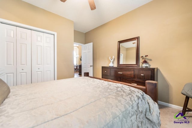 201 Loudon Hill Dr, Warner Robins, GA 31088 - bedroom featuring a closet, carpet floors, baseboards, and a ceiling fan