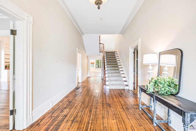 938 Park Pl, Macon, GA 31201 - corridor with stairway, crown molding, wood finished floors, and baseboards