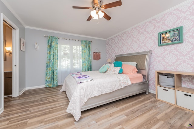 826 Edward Pl, Macon, GA 31204 - bedroom featuring ornamental molding, light wood-style floors, baseboards, wallpapered walls, and ceiling fan