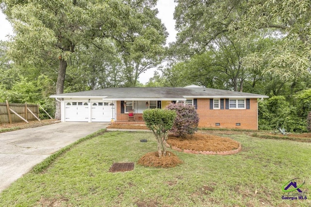 123 Robinhood Dr, Warner Robins, GA 31088 - ranch-style home with an attached garage, brick siding, crawl space, driveway, and a porch