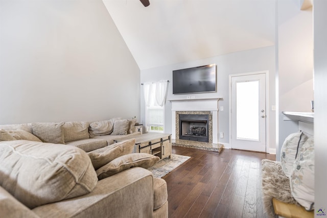 307 George Francis Ct, Bonaire, GA 31005 - living room featuring a fireplace, dark wood finished floors, a ceiling fan, high vaulted ceiling, and baseboards