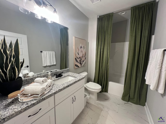 508 Nandina Ct, Warner Robins, GA 31088 - full bath with vanity, toilet, shower / bath combination with curtain, marble look tile flooring, and baseboards
