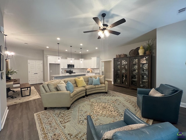 508 Nandina Ct, Warner Robins, GA 31088 - living room featuring dark wood-style floors, ceiling fan, baseboards, and recessed lighting