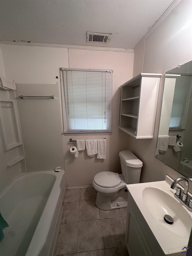 715 Miller Dr, Warner Robins, GA 31093 - bathroom with toilet, vanity, tile patterned floors, crown molding, and shower / bath combination