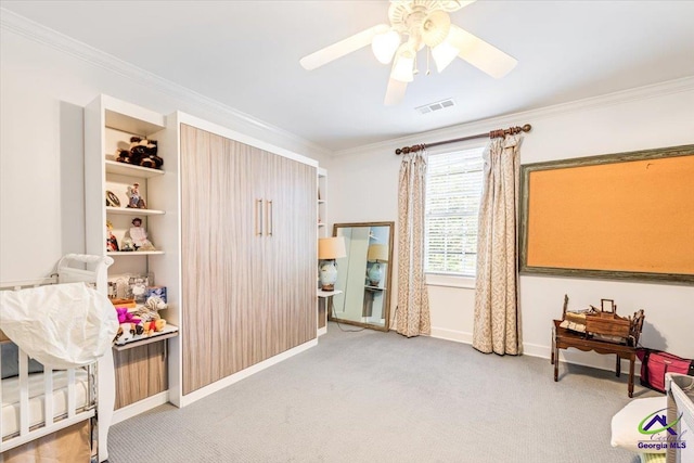 116 Maimont Cir, Macon, GA 31210 - carpeted bedroom with ornamental molding, baseboards, and a ceiling fan