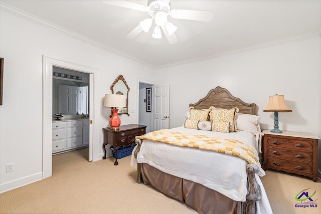116 Maimont Cir, Macon, GA 31210 - bedroom with light colored carpet, crown molding, ceiling fan, and baseboards