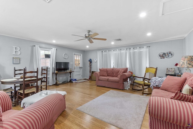 518 College St, Montezuma, GA 31063 - living room with crown molding, ceiling fan, wood finished floors, and recessed lighting
