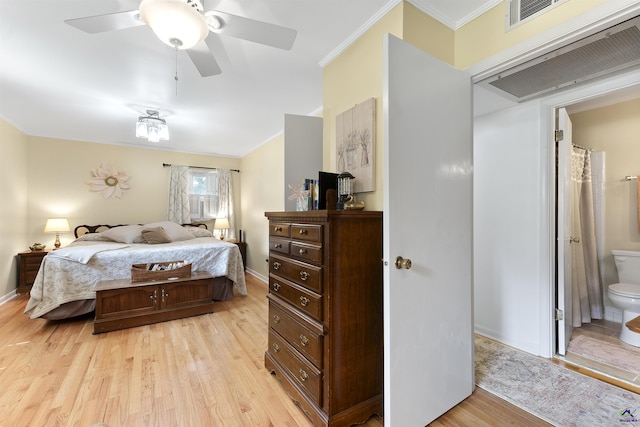 518 College St, Montezuma, GA 31063 - bedroom featuring crown molding, light wood-style flooring, baseboards, ensuite bathroom, and ceiling fan
