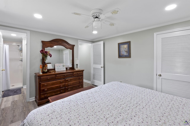 518 College St, Montezuma, GA 31063 - bedroom featuring dark wood-style floors, recessed lighting, crown molding, baseboards, and a ceiling fan