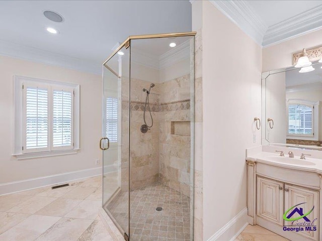 113 Troon Way, Macon, GA 31210 - full bath featuring crown molding, baseboards, a shower stall, vanity, and recessed lighting