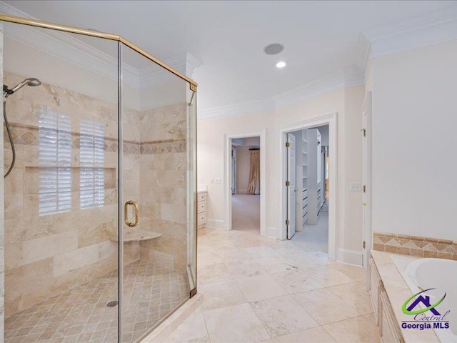 113 Troon Way, Macon, GA 31210 - bathroom featuring ornamental molding, a stall shower, a garden tub, and recessed lighting
