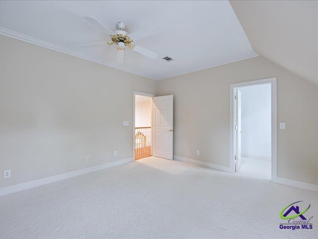 113 Troon Way, Macon, GA 31210 - unfurnished bedroom with lofted ceiling, baseboards, carpet, ceiling fan, and crown molding