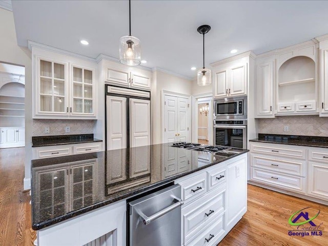 113 Troon Way, Macon, GA 31210 - kitchen with built in appliances, white cabinetry, tasteful backsplash, glass insert cabinets, and recessed lighting