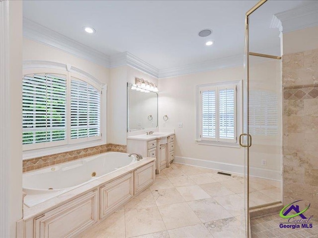 113 Troon Way, Macon, GA 31210 - bathroom featuring ornamental molding, vanity, a stall shower, a whirlpool tub, and recessed lighting