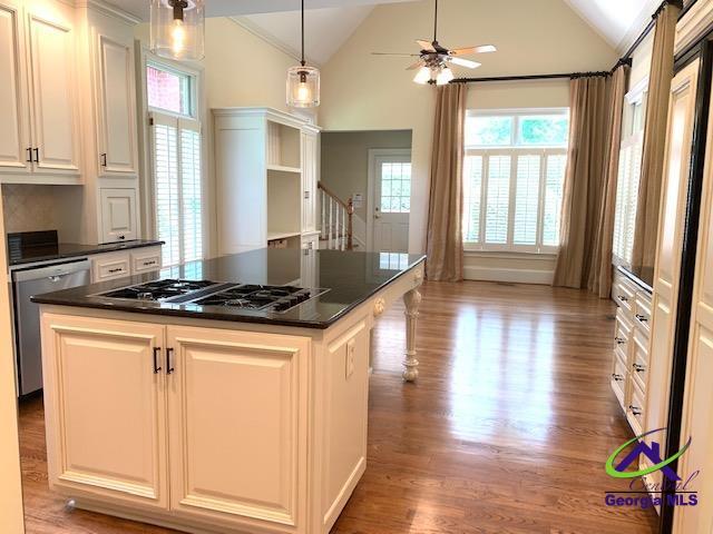 113 Troon Way, Macon, GA 31210 - kitchen featuring appliances with stainless steel finishes, vaulted ceiling, dark countertops, light wood-type flooring, and plenty of natural light