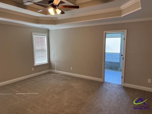 107 Huxley Ter, Bonaire, GA 31005 - carpeted empty room featuring ornamental molding, ceiling fan, a tray ceiling, and baseboards