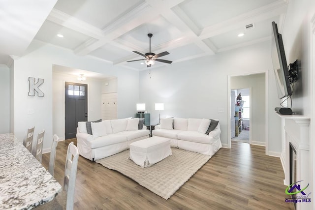 107 Field View Ln, Kathleen, GA 31047 - living area with coffered ceiling, wood finished floors, beam ceiling, baseboards, and ceiling fan