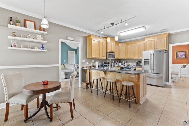 2725 Moseley Rd, Byron, GA 31008 - kitchen with stainless steel appliances, light brown cabinets, dark countertops, light tile patterned flooring, and crown molding