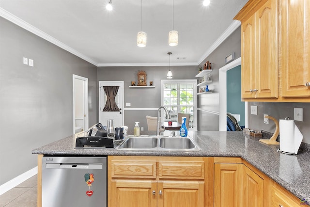 2725 Moseley Rd, Byron, GA 31008 - kitchen featuring stainless steel dishwasher, a sink, a peninsula, light tile patterned floors, and decorative light fixtures