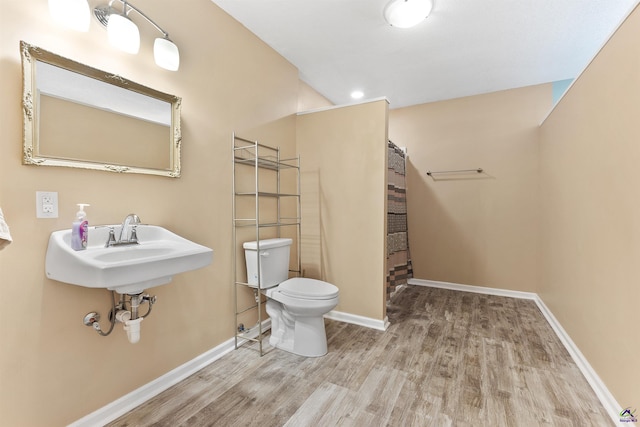 2725 Moseley Rd, Byron, GA 31008 - bathroom featuring wood finished floors, toilet, baseboards, and a shower with curtain