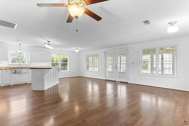 2725 Moseley Rd, Byron, GA 31008 - unfurnished living room with a sink, dark wood-type flooring, baseboards, ceiling fan, and a textured ceiling