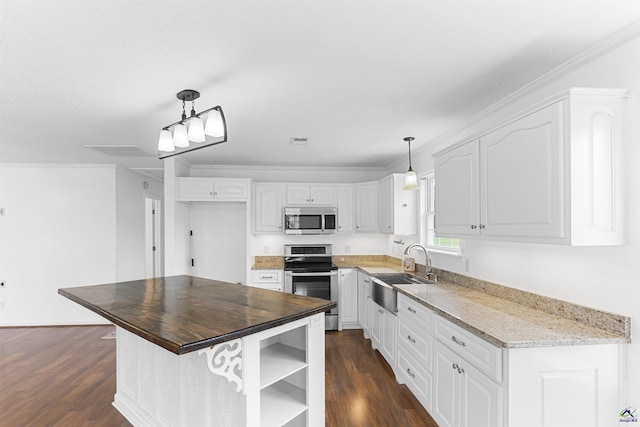 2725 Moseley Rd, Byron, GA 31008 - kitchen featuring appliances with stainless steel finishes, a sink, white cabinetry, dark wood finished floors, and crown molding