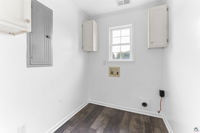 2725 Moseley Rd, Byron, GA 31008 - washroom with washer hookup, electric panel, electric dryer hookup, dark wood-style flooring, and cabinet space