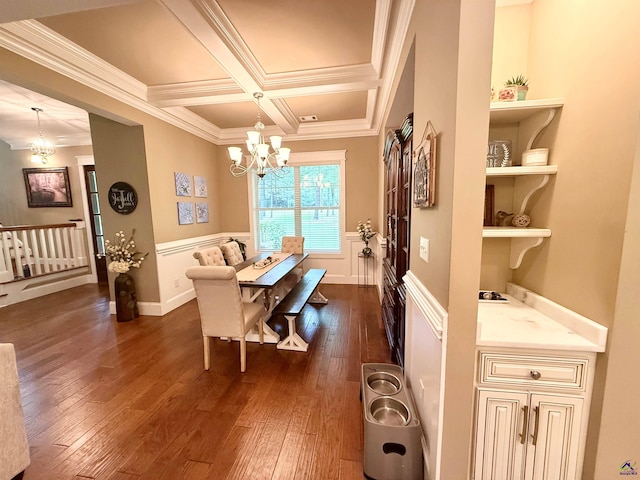 183 Terrell Rd, Elko, GA 31025 - dining room featuring a chandelier, ornamental molding, dark wood-style flooring, coffered ceiling, and beamed ceiling