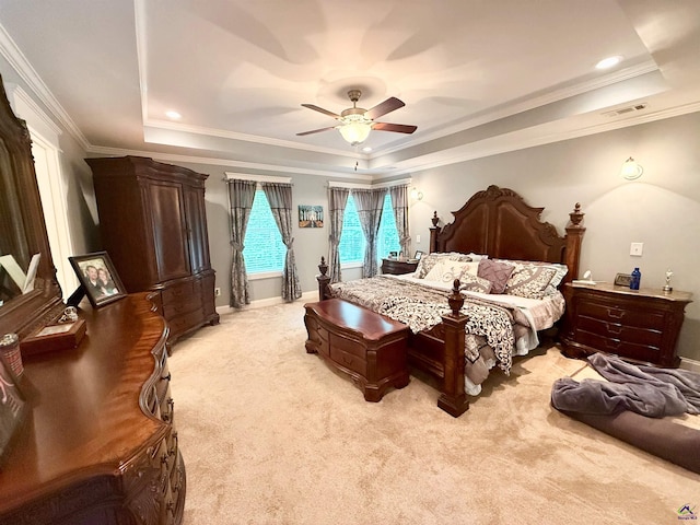 183 Terrell Rd, Elko, GA 31025 - bedroom featuring a raised ceiling, light colored carpet, crown molding, a ceiling fan, and baseboards