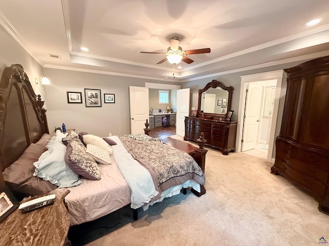183 Terrell Rd, Elko, GA 31025 - bedroom with a tray ceiling, light carpet, ornamental molding, and ceiling fan