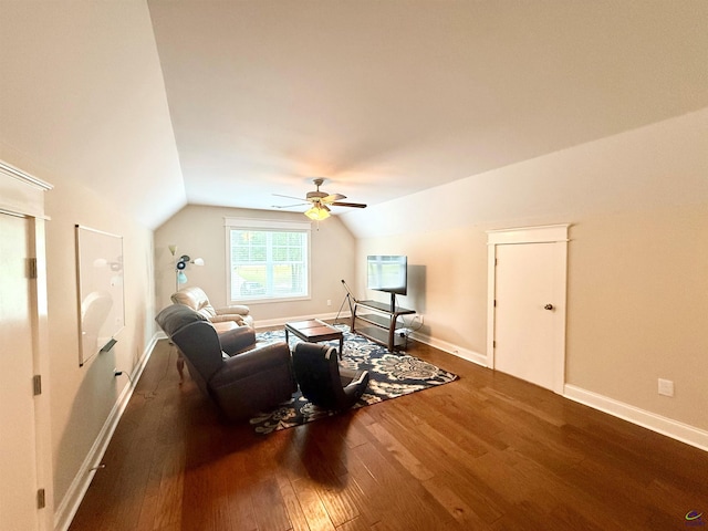 183 Terrell Rd, Elko, GA 31025 - living area featuring wood finished floors, vaulted ceiling, ceiling fan, and baseboards