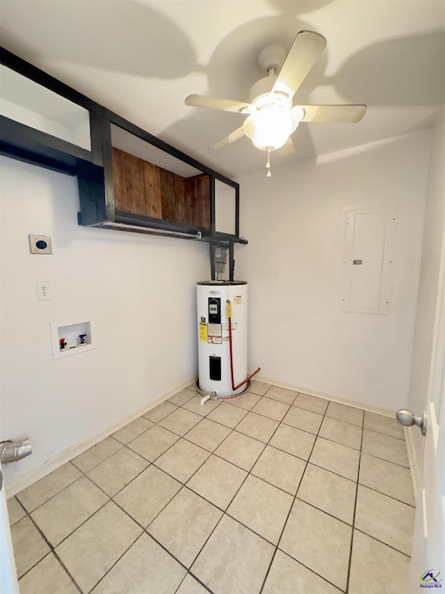 221 Fox Hound Dr, Byron, GA 31008 - laundry area with electric water heater, electric panel, hookup for a washing machine, hookup for an electric dryer, and a ceiling fan