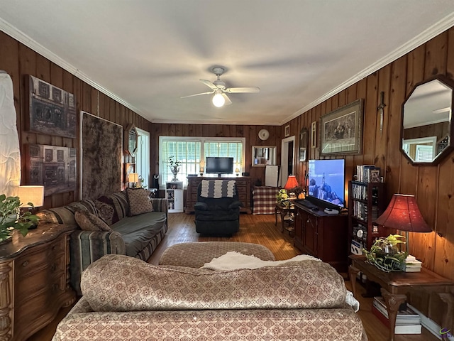 621 Forest Hill Rd, Macon, GA 31220 - living area featuring hardwood / wood-style floors, ceiling fan, wood walls, and crown molding