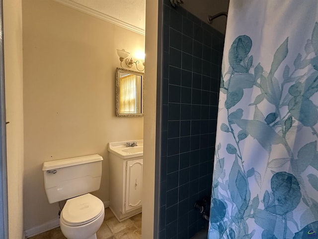 621 Forest Hill Rd, Macon, GA 31220 - full bathroom with curtained shower, toilet, vanity, crown molding, and baseboards