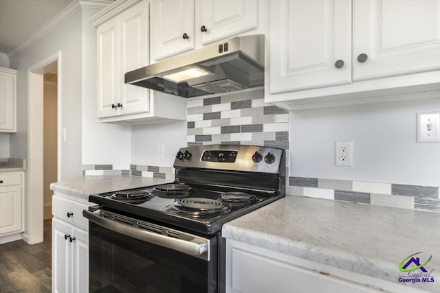 118 Knights Brg, Warner Robins, GA 31093 - kitchen with stainless steel electric range, under cabinet range hood, crown molding, backsplash, and dark wood-style flooring