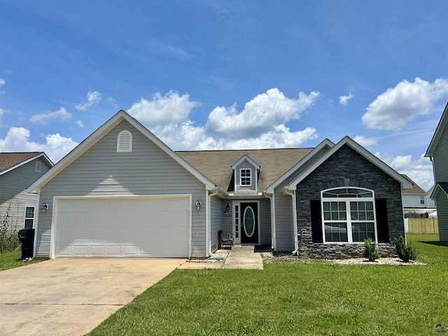 208 Burr Dr, Byron, GA 31008 - traditional home featuring stone siding, concrete driveway, a garage, and a front yard