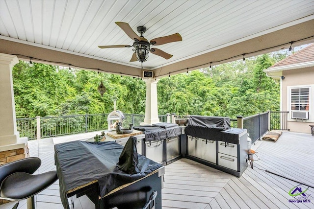 117 Richfield Cir, Kathleen, GA 31047 - wooden deck with outdoor dining area, a ceiling fan, a view of trees, and cooling unit