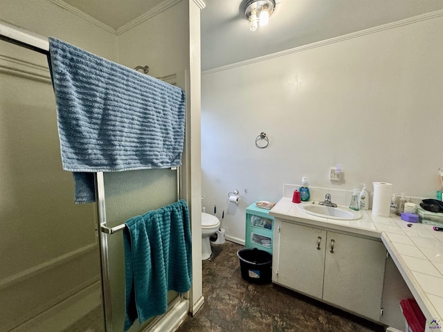 2204 Sheppard Rd, Cordele, GA 31015 - bathroom with vanity, toilet, crown molding, and a shower stall