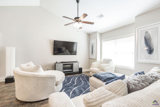 224 Allentown Ln, Macon, GA 31216 - living room with vaulted ceiling, dark wood-style floors, ceiling fan, and baseboards