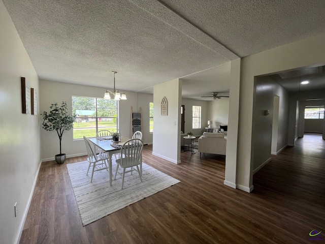 571 Duncan Ave, Unadilla, GA 31091 - dining area with a textured ceiling, baseboards, dark wood-style floors, a chandelier, and ceiling fan