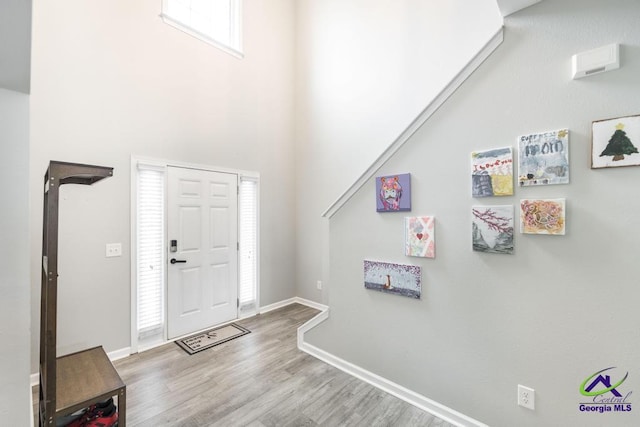 318 Flowing Meadows Dr, Bonaire, GA 31047 - foyer with wood finished floors, a towering ceiling, and baseboards