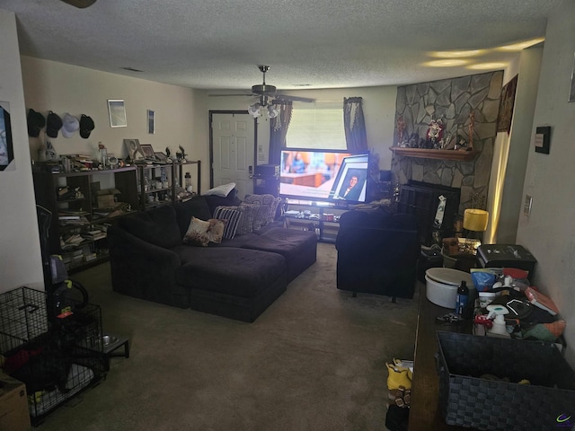 113 Cheryl Blvd, Warner Robins, GA 31088 - living area with carpet floors, a ceiling fan, a textured ceiling, and a fireplace