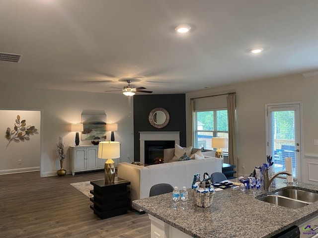 624 Britton Way, Macon, GA 31216 - kitchen featuring ceiling fan, wood finished floors, a glass covered fireplace, a sink, and stone counters