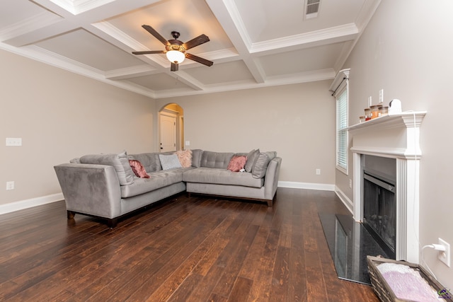 230 Misty Valley Ln, Bonaire, GA 31005 - living area featuring arched walkways, dark wood-style floors, ceiling fan, coffered ceiling, and beamed ceiling