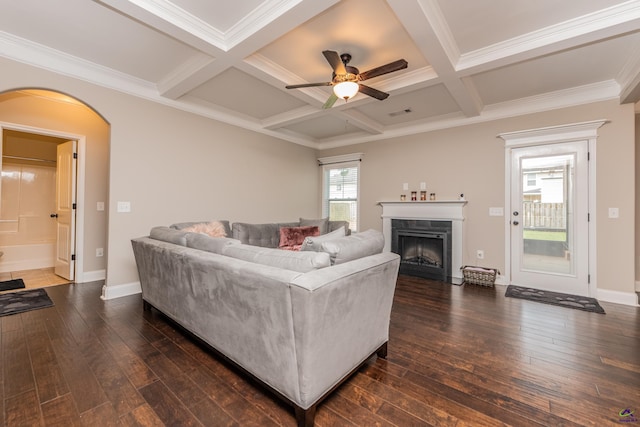 230 Misty Valley Ln, Bonaire, GA 31005 - living area featuring ceiling fan, dark wood-style floors, a fireplace, beam ceiling, and coffered ceiling