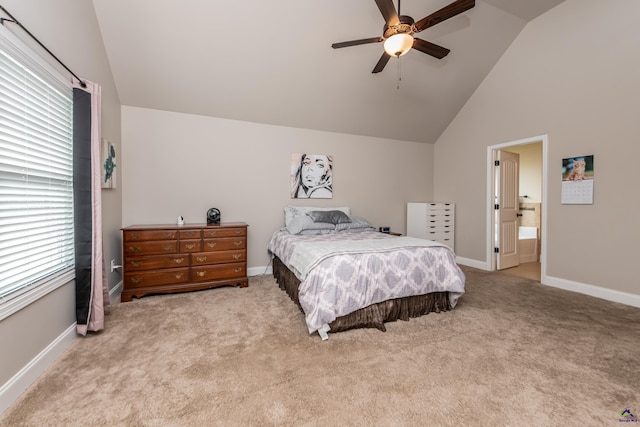 230 Misty Valley Ln, Bonaire, GA 31005 - carpeted bedroom featuring a ceiling fan, high vaulted ceiling, and ensuite bathroom